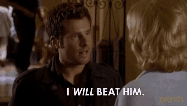 a man talking to a woman with the words i will beat him