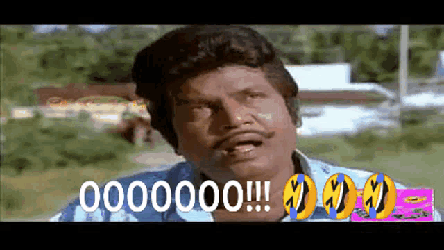 a man with a mustache and a blue shirt is saying 000000 !!!