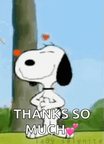 snoopy is standing next to a tree with his arms crossed and says `` thanks so much '' .