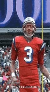 a football player wearing a red jersey with the number 3 on it is standing in front of a crowd on a field .