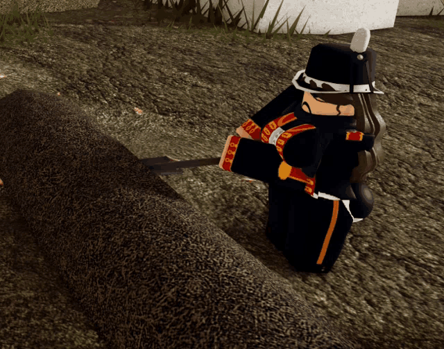 a girl in a military uniform holds a shovel in her hand