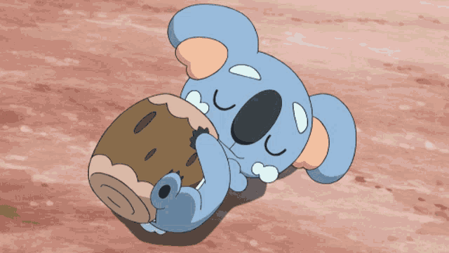 a cartoon koala is laying on the ground holding a log