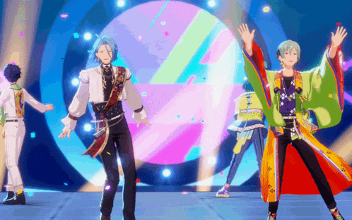 a group of anime characters are dancing on a stage in front of a colorful background