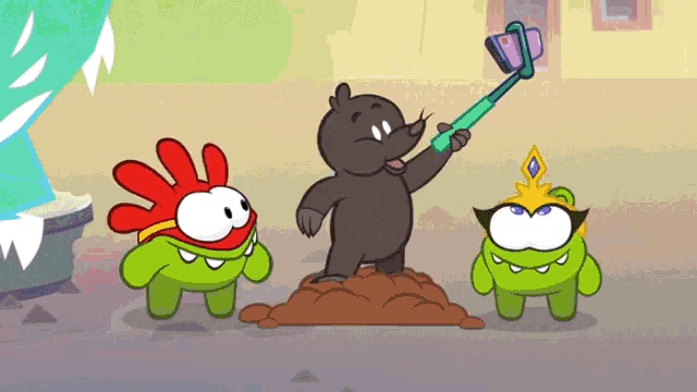 a cartoon of a bear taking a selfie with two other cartoon characters
