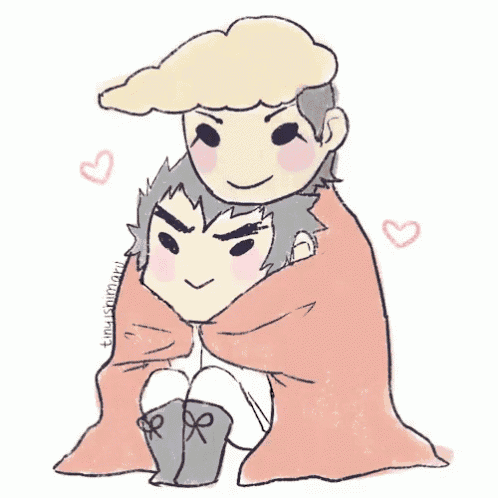 a drawing of two boys wrapped in a pink blanket with hearts around them