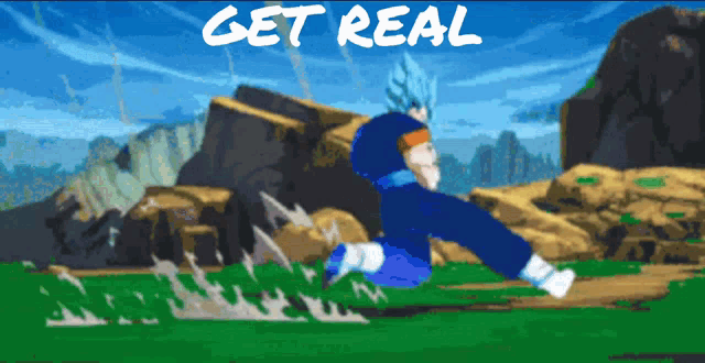 a cartoon character is jumping in the air with the words get real written on the bottom