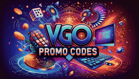 a colorful advertisement for vgo promo codes with a keyboard and dice
