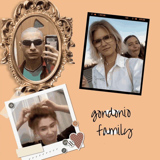 a picture of a man taking a picture of himself and a picture of a woman with the words gordonio family below it