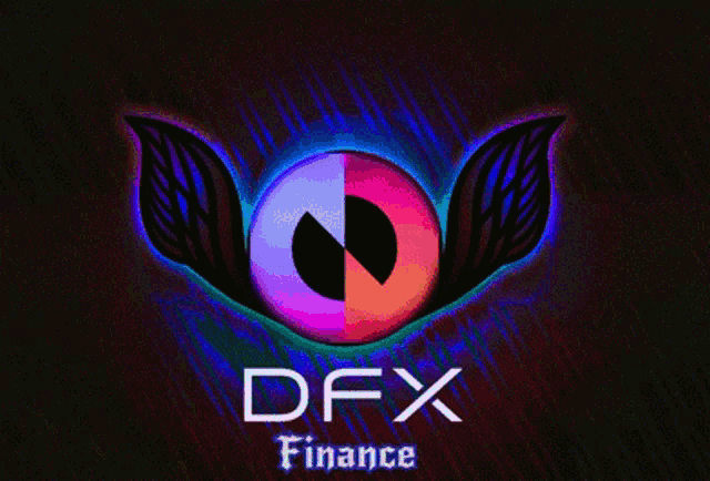 a logo for dfx finance with a purple and orange eye