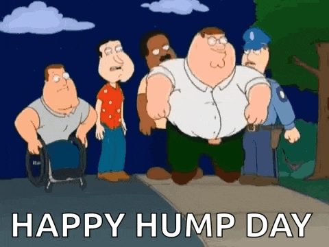 a group of cartoon characters are standing on a sidewalk with the words `` happy hump day '' .