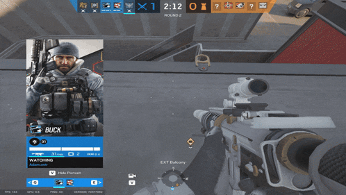 a screenshot of a video game shows a man named buck holding a rifle