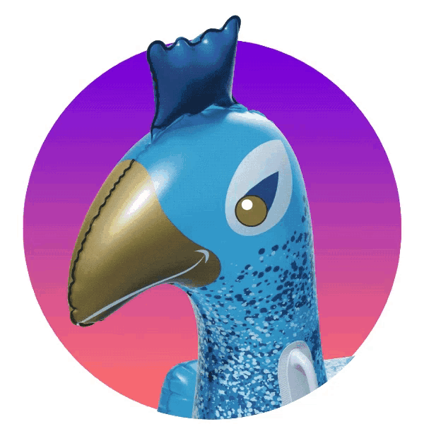 a blue inflatable flamingo with a crown on top
