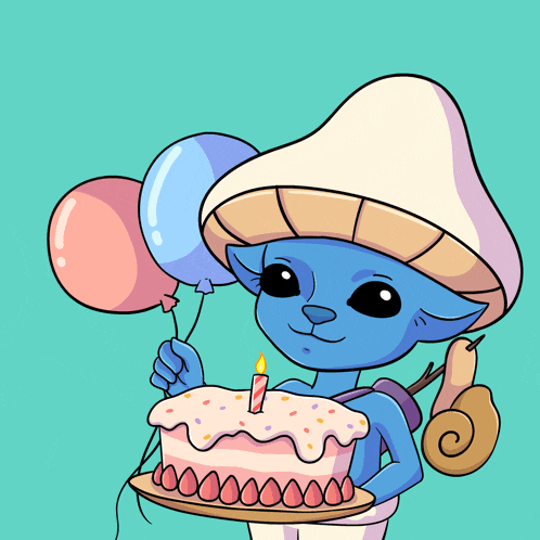 a smurf is holding a cake with a candle and balloons