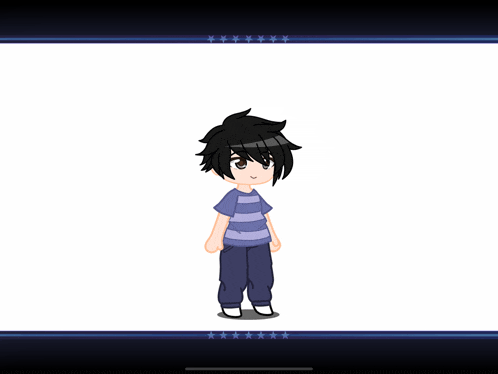 a boy with black hair is wearing a blue striped shirt