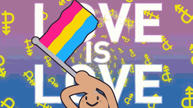 a cartoon of a person holding a pansexual flag with the words love is love in the background