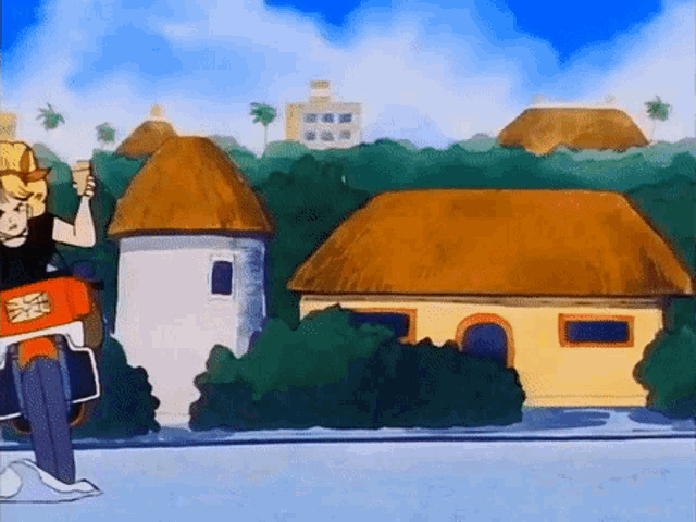 a cartoon character is standing in front of a thatched roofed building