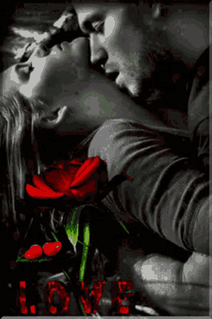 a black and white photo of a man and woman kissing next to a red rose with the word love on the bottom