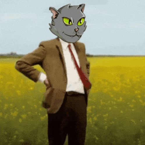 a man in a suit and tie with a cat head