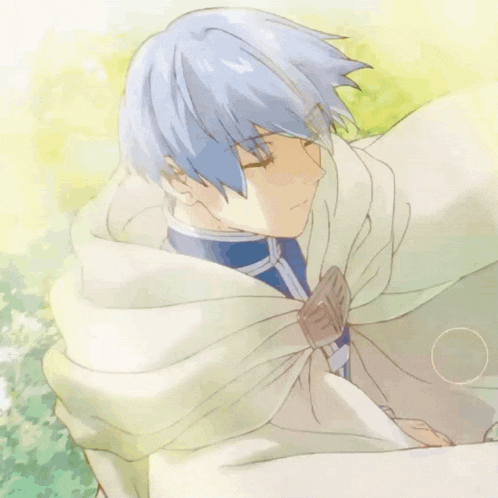 a boy with blue hair and a white cape