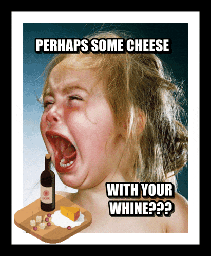 a little girl is crying with a bottle of wine and cheese on a cutting board with the caption perhaps some cheese with your whine