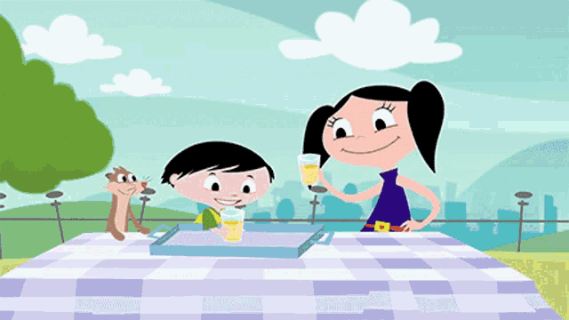 a cartoon of a girl drinking from a glass while a boy looks on