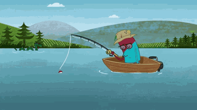 a cartoon character is fishing in a boat