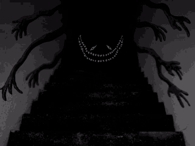 a black and white image of a monster with many hands