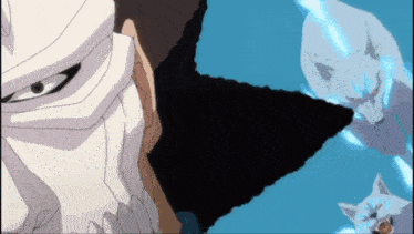 a man in a white mask stands in front of a blue wolf