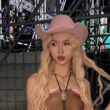a blonde woman wearing a pink cowboy hat and a necklace