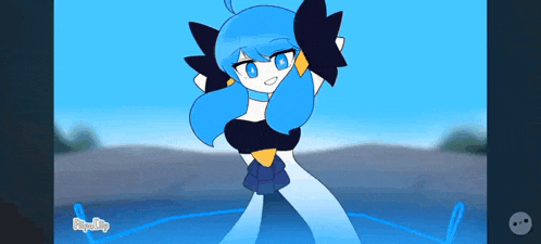 a cartoon of a girl with blue hair and black wings is dancing in the water .
