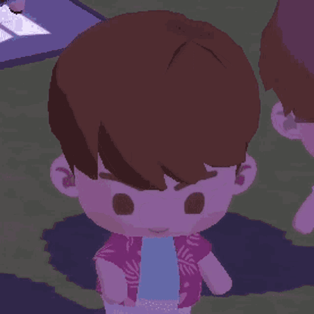 a cartoon character with brown hair is wearing a pink shirt and a blue scarf