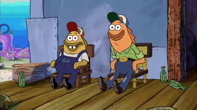 two cartoon characters one of whom is wearing a green shirt that says ' spongebob '
