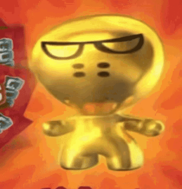 a gold cartoon character with sunglasses on his eyes is flying in the air .