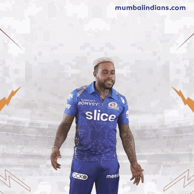 a man wearing a blue shirt that says slice on the front