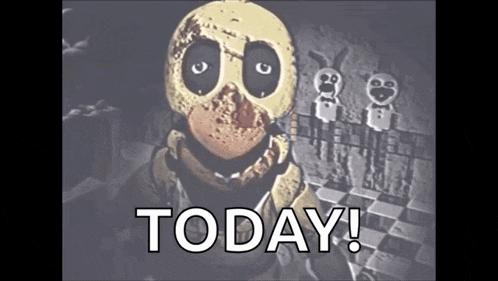a cartoon character is standing in a dark room with the words `` today ! '' written on it .