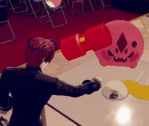 a person with red hair is standing in front of a pink pig with a diamond on its face