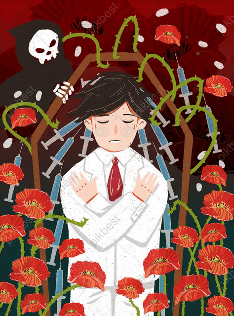 a cartoon of a doctor surrounded by syringes and flowers