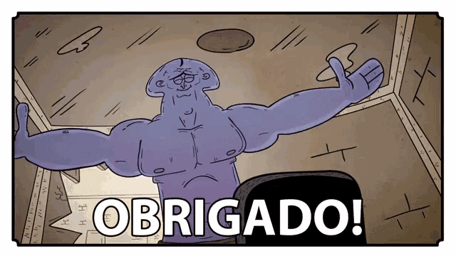 a cartoon character is sitting in a chair with the words obrigado on the bottom