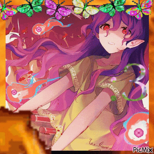 a picture of a girl with purple hair and a shirt that says ' art goth ' on it