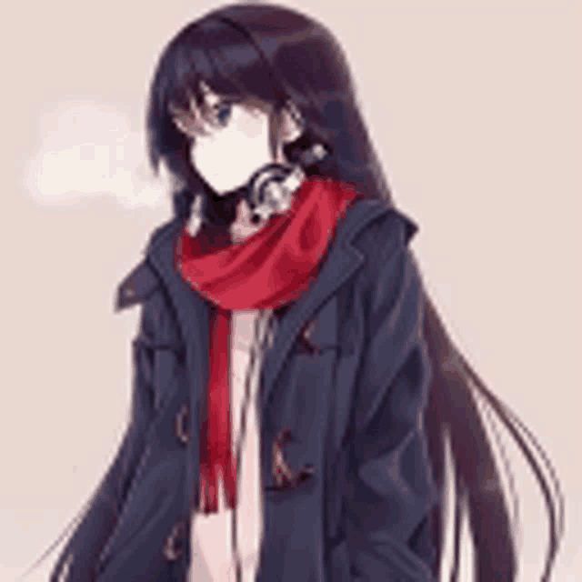 a girl with long hair and headphones is wearing a scarf and a jacket .