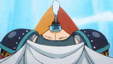 a cartoon character with a pyramid shaped head and a smoke coming out of it
