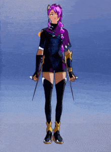 a girl with purple hair is holding two swords in her hands