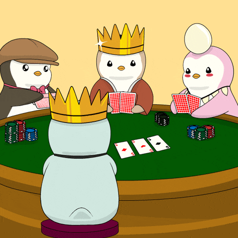 a group of penguins are playing poker and one has a crown on