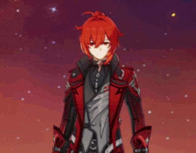 a red haired anime character is holding a sword in front of a stained glass window