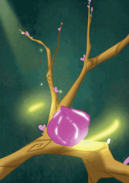 a tree branch with a purple rock in it