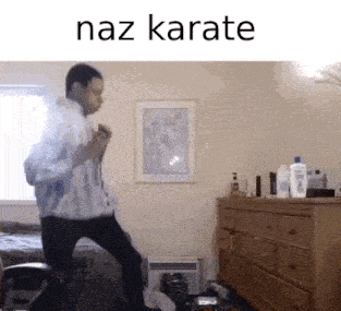 a man is dancing in a room with the words naz karate on the top