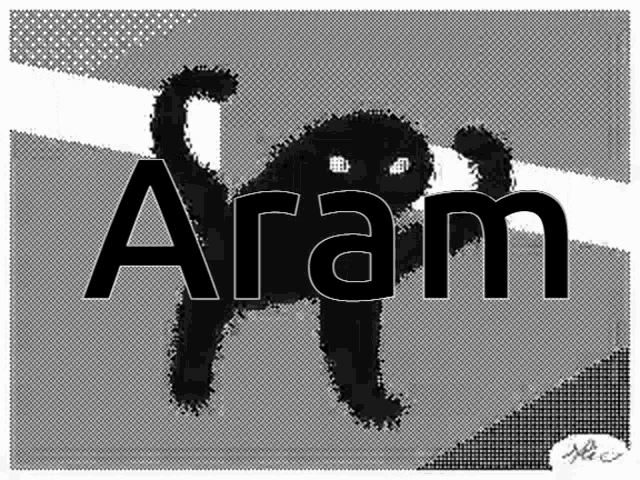 a black and white drawing of a cat with the name aram written above it