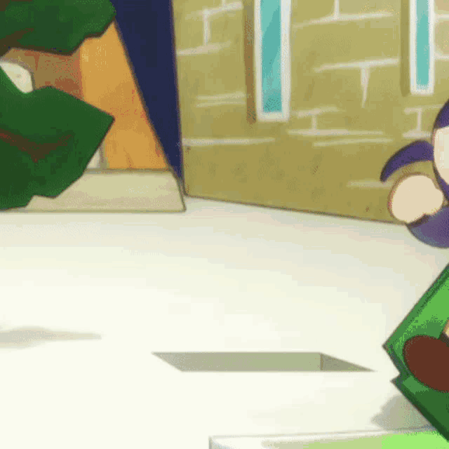 a cartoon character is standing next to a tree in front of a brick building .