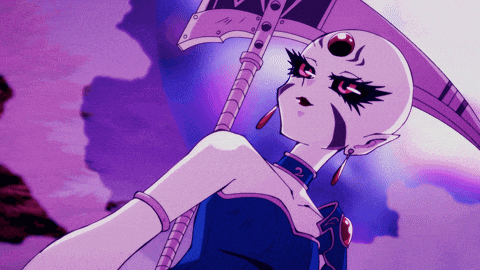 a purple and white cartoon character with a large axe on her head