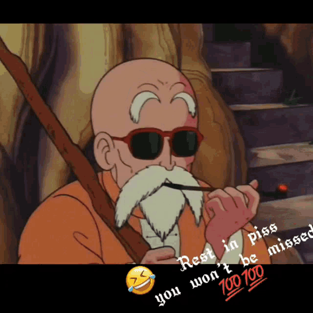 a cartoon character smoking a pipe with the words rest in piss you won 't be missed below him